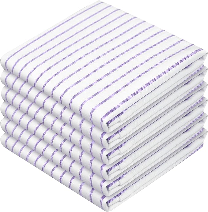Lavender Stripe Kitchen Towels, 5 Pack, 100% Cotton, Super Absorbent and Quick Dry, Classic Striped Towel Set, Durable Dish Cloths for Kitchen Use, Cleaning & Drying Dishes