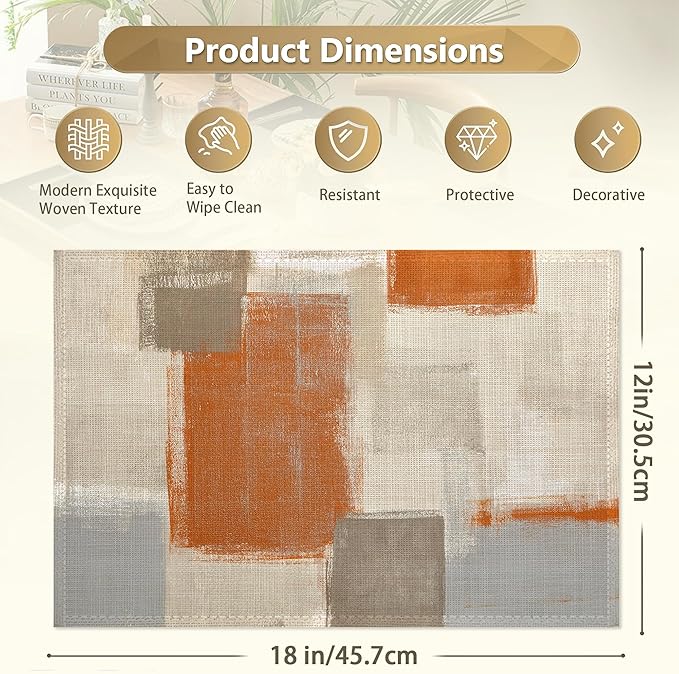 Orange and Grey Placemats Set of 6 Linen Washable, Heat-Resistant 12x18 Inch Abstract Art PaintingTable Place Mats for Kitchen Dining for Home Party Holidays