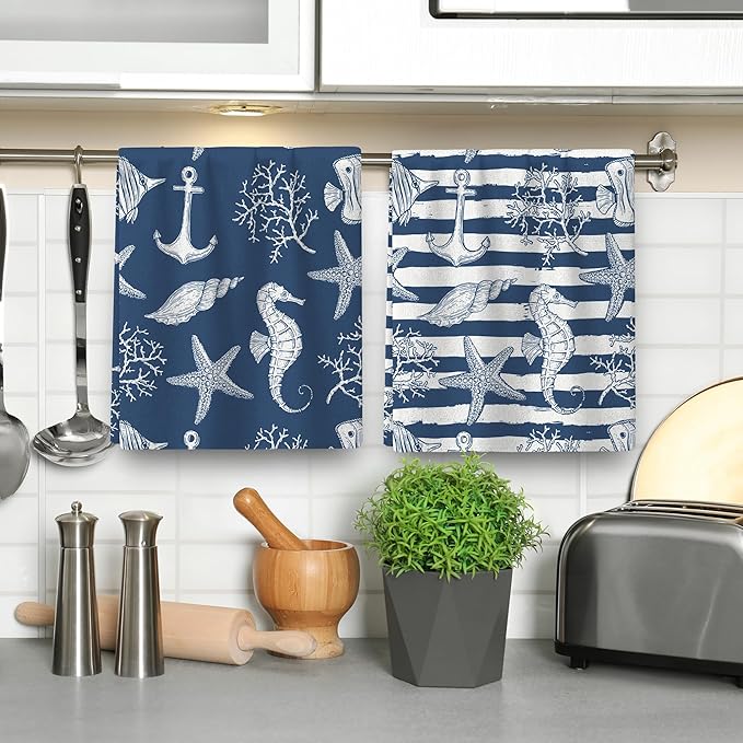 Blue Nautical Seahorse Corals Sea Turtle Kitchen Dish Towels Decorative Set of 4, Absorbent Coastal Tea Hand Towels for Kitchen Farmhouse Housewarming Bar Ocean Themed Decor