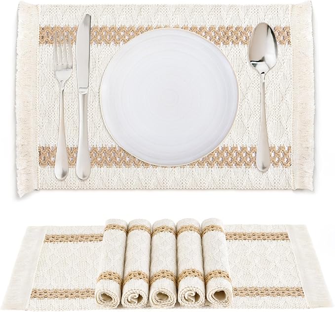 Boho Placemats Set of 6, Macrame Place Mats in Natural Cotton Burlap, Farmhouse Style Dining Table Mats for Indoors & Outdoors, Rustic Kitchen Home Decor