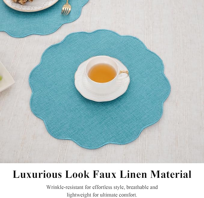 SHACOS Scalloped Round Placemats Set of 6 Polyester Linen Blend 15 inch Washable Non Slip Place Mats Easy Clean Heat Resistant Table Mats for Kitchen Dining Table Decor, Blue Green