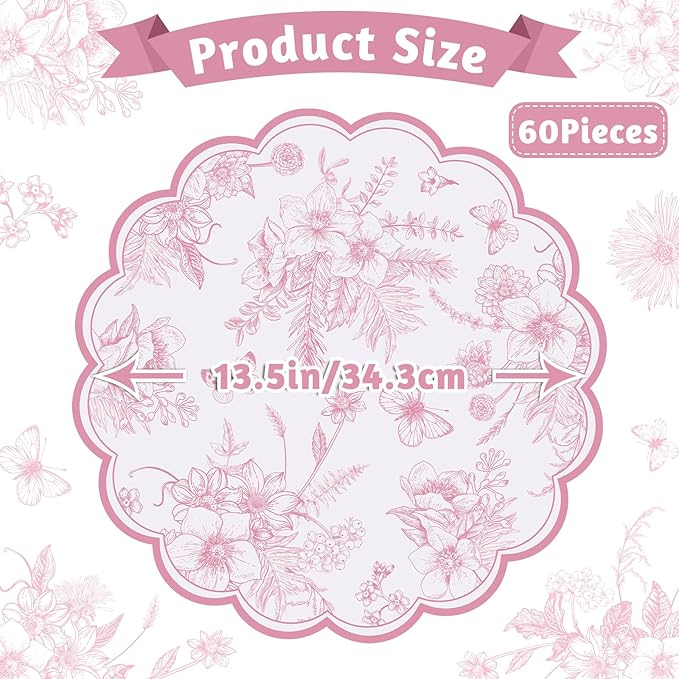 60 Pcs Pink Floral Paper Placemats, 13.5 Inch Disposable Scalloped Table Mats Wedding Placemats, Vintage Floral Banquet Place Mats for Table Setting Mother's Day Anniversay Wedding Bridal Tea Party