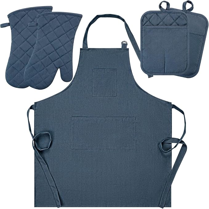 Oven Mitts and Pot Holders with Cooking Apron Set of 5, Heat Resistant Kitchen Gloves and Silicone Non-Slip Potholders, Adjustable Neck Buckle Chef Apron, Cotton Nice Design for Cooking （Navy…