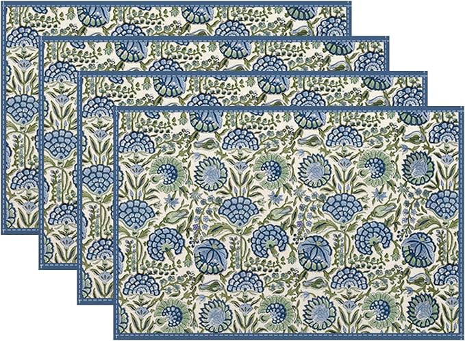 Navy Blue Boho Placemats Set of 4 Sage Green Vintage Floral Decor Place Mats 12x18 Inch Flower Spring Summer Seasonal Decorative Linen Table Mats for Home Kitchen Dining Party Table Decoration