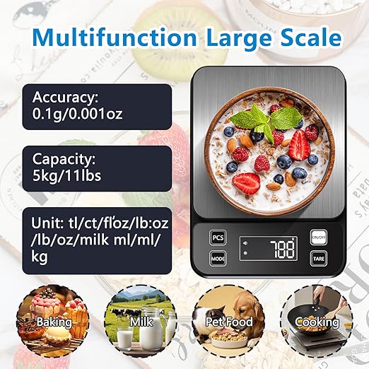 IPX7 Waterproof Kitchen Scale | 0.01oz/0.1g Precision Food Scale, 11lb/5kg | Stainless Steel, Battery-Powered & Washable (Batteries Included) | for Cooking, Baking