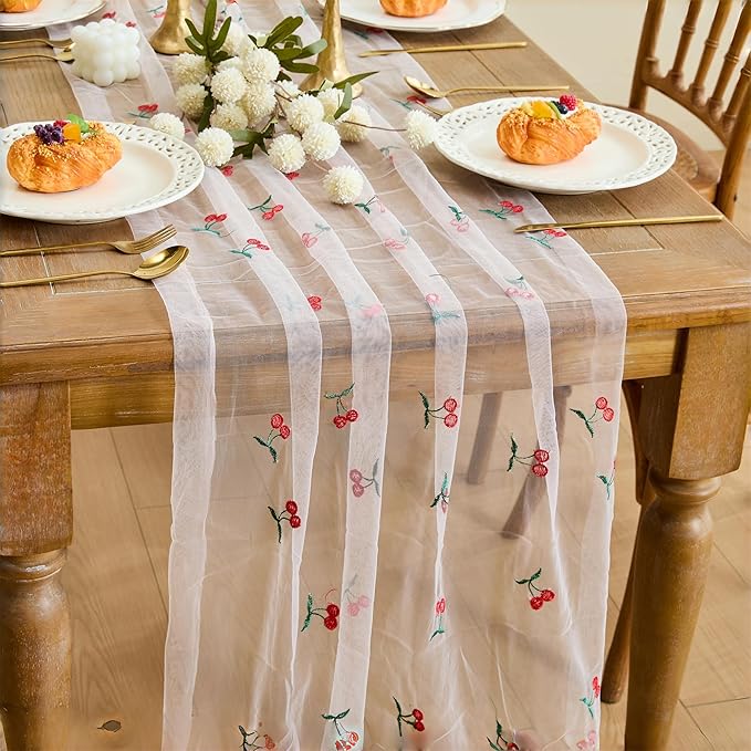 YATOJUZI Embroidery Cherry Table Runner Girly Rustic Decorations Summer Seasonal Fruits Floral Home Kitchen Decor Tulle Dining Table Runners for Wedding Shower Party