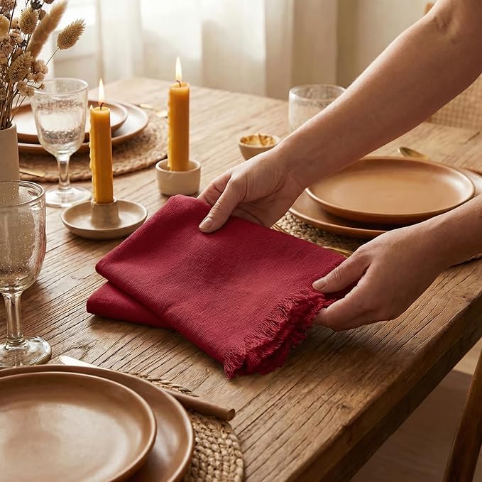 ACCENTHOME Red Cotton Linen Napkin Set of 12 18x18 inch Dinner Napkins - Washable Soft Premium Hotel Quality Reusable Hemmed Edges Napkins Perfect Table Linens for Family Dinners, Weddings