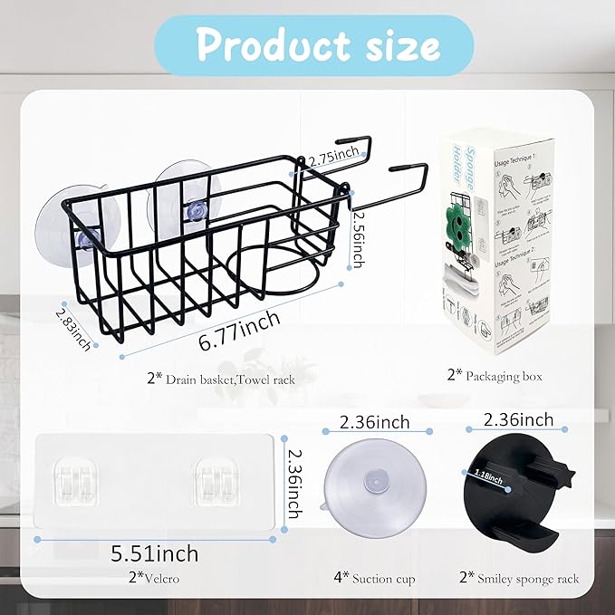 Sponge Holder Smile Face with Dish Cloth Hanger for Kitchen Sink, In-sink Caddy Organizer with Suction Cups & Adhesive Strips, Rustproof Sponge Rack for Soap, Brush, Scrubber - Black（2 Pack）