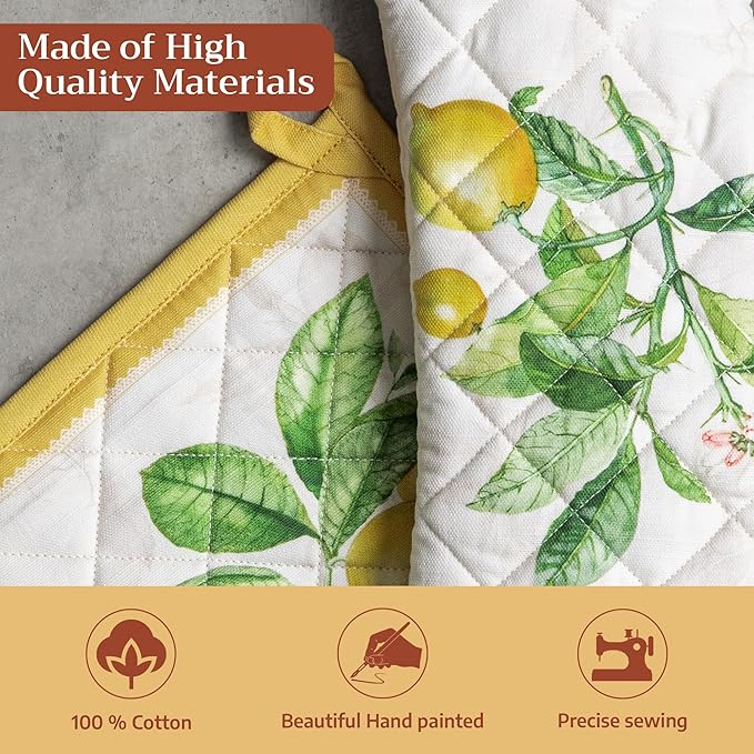 Maison d' Hermine 100% Cotton Oven Mitt & Pot Holder Set (7.5"x13" & 8"x8") Heat Resistant BBQ Cooking Gloves with Loop Baking Grilling Kitchen Gifts for Mothers Day Spring/Summer (Limoncello)