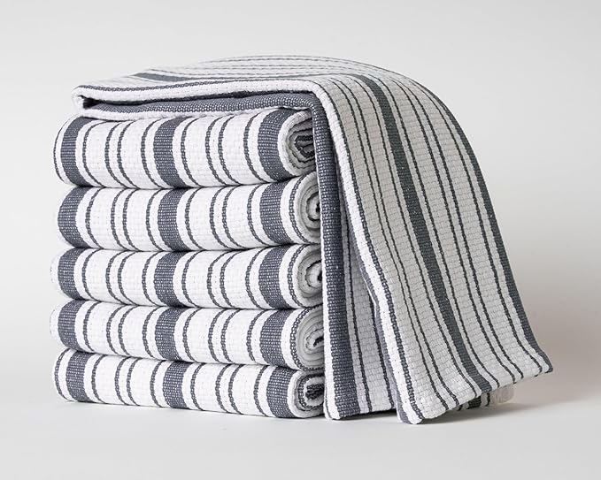 Kitchen Towels Set – Pack of 6 (20’’ x 30’’) Extra Large Premium Cotton Dish Towels for Kitchen – Basket Weave Towels – Absorbent – 100% Cotton – with Hanging Loop – Dark Grey