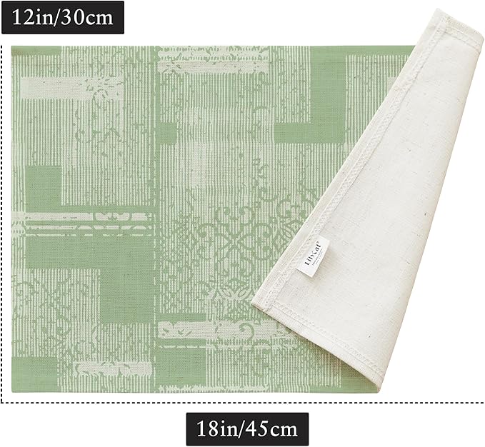 LilyCat Linen Fabric Floral Placemats, Green Stripes Durable Boho Dining Table Mats for Kitchen, Rustic Vintage Washable Place Mats Set of 4, 18’’× 12’’