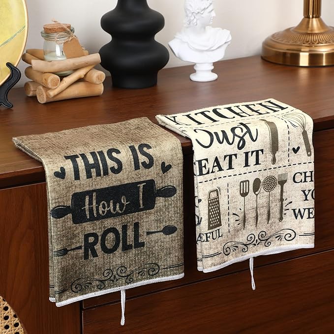 Bencailor 6 Pcs Simple Words Kitchen Towels Decorative Sets Dish Towels Absorbent Fast Drying Hand Tea Vintage Hanging Reusable Cleaning Dishcloths for Cooking Farmhouse Bathroom Accessory