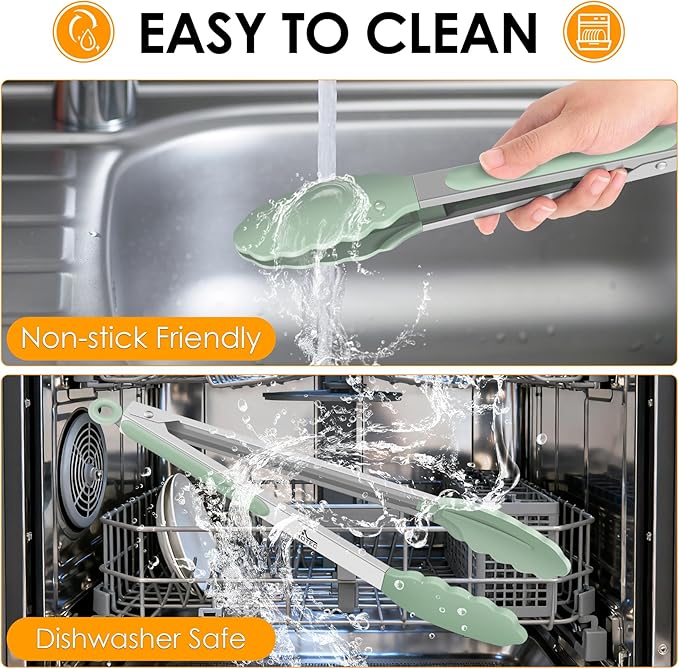 Hotec Premium Stainless Steel Locking Kitchen Tongs with Silicon Tips, Set of 2-9" and 12" Light Green