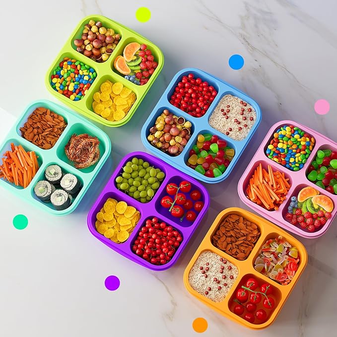 KEMETHY 6 Pcs Bento Snack Containers, Reusable 4 Compartment Food Storage Container with Lids, Divided Lunchable Container, Freezer, Microwave & Dishwasher Safe (6 Color)