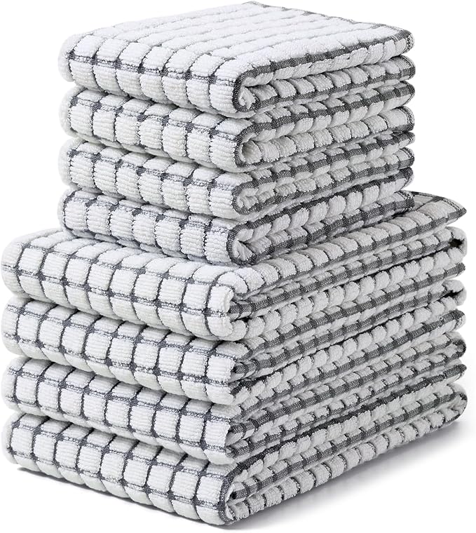 Homaxy Kitchen Towels and Dishcloths Set, 16 x 25 and 12 x 12 Inches, Set of 8 Cotton Terry Kitchen Dish Towels, Super Soft and Absorbent Dish Cloths, Grey