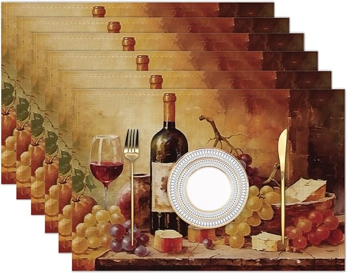 Placemats Set of 6,Retro Wine Bottles Glasses and Grapes Linen Place Mats,Modern Washable Table Placemats 12"x18" Heat Resistant Table Mats for Dining Kitchen Party Holiday Decoration