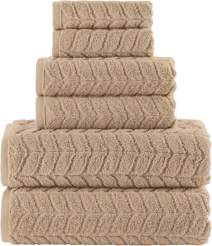 Elegant Comfort Luxury 6-Piece 100% Turkish Cotton Jacquard Braided Textured Premium Hotel Quality Towel Set– Soft and Absorbent, Includes 2 Bath Towels, 2 Hand Towels and 2 Washcloths, Taupe