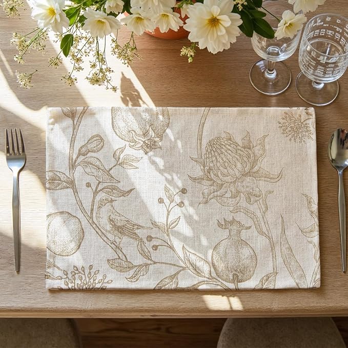 JINCHAN Linen Floral Placemats Set of Cloth Table Mats Rustic Cottagecore Botanical Outdoor Seasonal for Kitchen Dining Decor Heat Resistant Non-Slip Washable Tablemats 13x19 Inch Tan