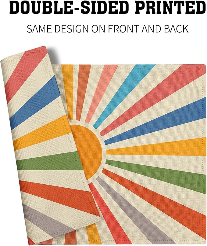 aportt Colorful Boho Placemats Set of 4 Rustic Retro Rainbow 70s Sun Linen Washable Kitchen Dining Table Mats Stain Heat-Resistant Desktop Decor Place Mats for Home Party Indoor 12x18 in