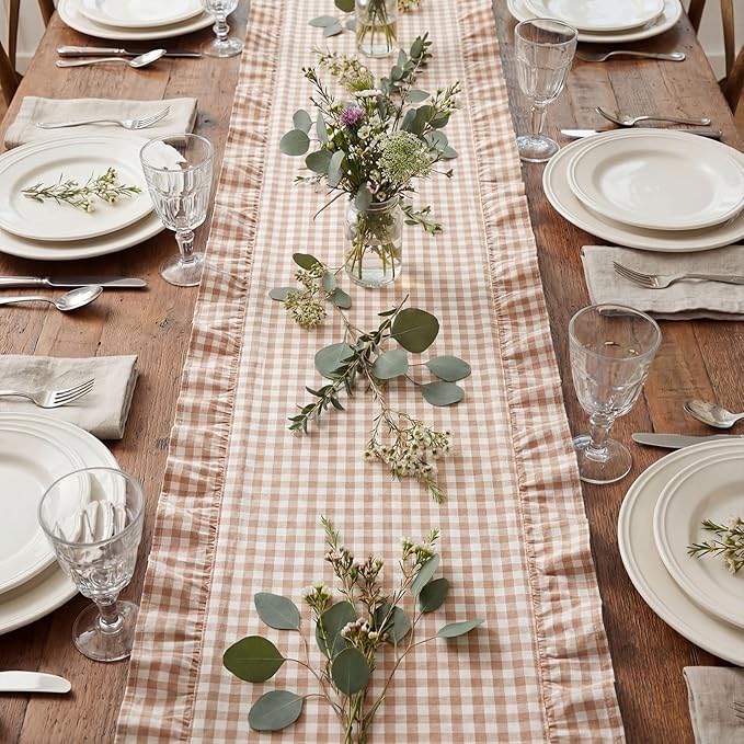 HunnmingRe 1 Pcs Brown Plaid Gingham Ruffle Table Runner 118 x 13.8'' Farmhouse Table Runner 100% Cotton Scalloped Long Dresser Scarves for Dining Room, Wedding, Kitchen Rustic Home Decor