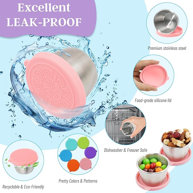 Qukaka 6x2.7 Oz Salad Dressing Container to Go,Handy Leakproof Stainless Steel Meal Prep Containers Reusable,Sauce Containers for Lunch Box, Picnics, Travel, Office and Kitchen Storage-Pink