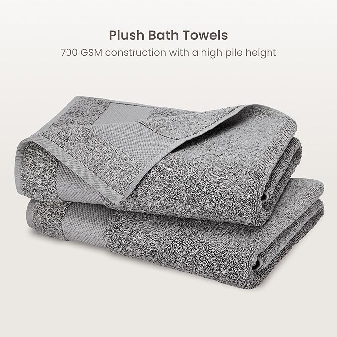 BIOWEAVES 100% Organic Cotton 700 GSM Plush Bath Towels 30" x 58" GOTS Certified - Light Grey, Pack of 2