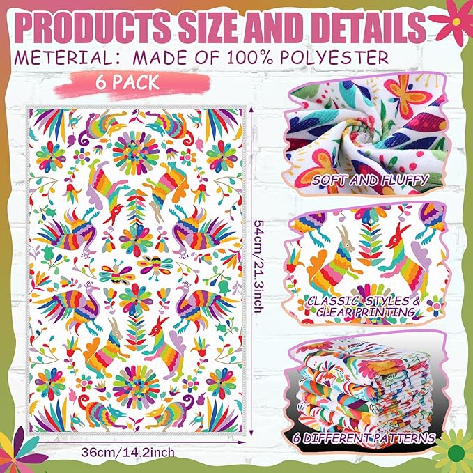 Breling Set of 6 Mexican Kitchen Towels Dia De Los Muertos Decorations Mexican Themed Dish Towel Bathroom Decorative Day of The Dead Hand Cloths Decor for Kitchen Bathroom Home Cooking, 14 x 21 Inch