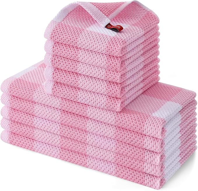 Homaxy Kitchen Towels and Dishcloths Set, 12 x 12 and 13 x 28 Inches, Set of 10 100% Cotton Waffle Weave Check Plaid Kitchen Dish Towels, Super Soft and Absorbent Dish Cloths, White & Pink