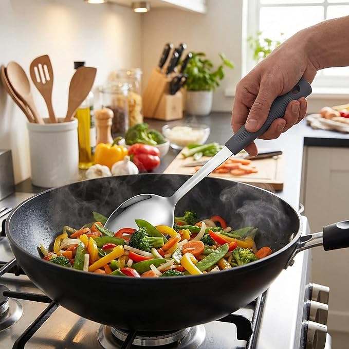 Stainless Steel Serving Spoons & Slotted Spoons Set, with Non-Slip Silicone Handles,2-Piece Metal Serving Spoon, Slotted Metal Spoon for Home Kitchen, Parties & Daily (Dark gray)