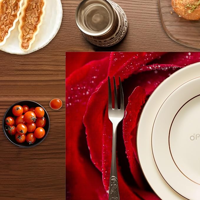 Red Rose Placemats Set of 6,Washable Heat Resistant 12×18 Inch Linen Table Mats Magic Place Mats for Party Outdoor Dining Décor