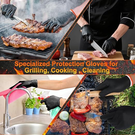 ANBOSON BBQ Gloves for Cooking Baking Grilling, 100 Count Disposable Nitrile Gloves and 4 Count Cotton Glove Liners Washable (6mil Nitrile, Large)