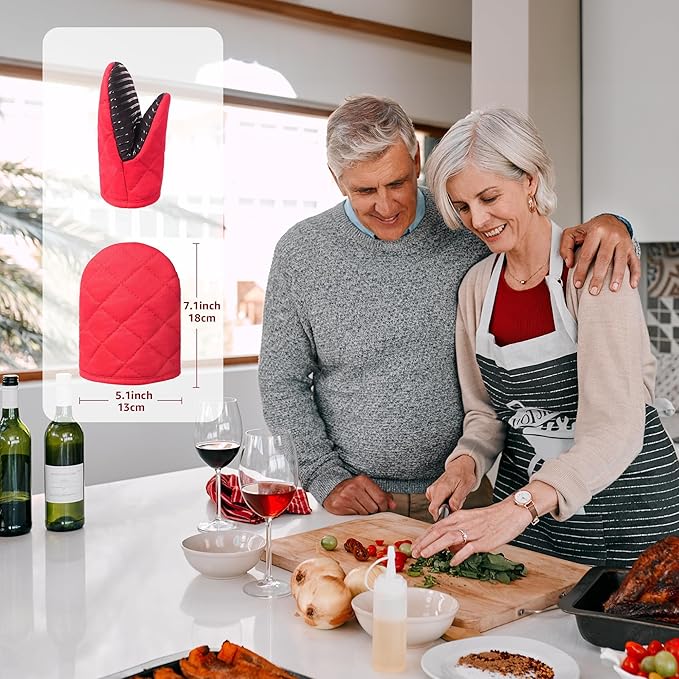Puppet Mini Oven Mitts Red Cotton Silicone Non-Slip Short Sleeve Soft, Oven Gloves for Women Mum Hot 500℉ Heat Resistant Hand Safe Microwave Air Fryer Kitchen Chef Cooking Baking Cookie Mitt Pair