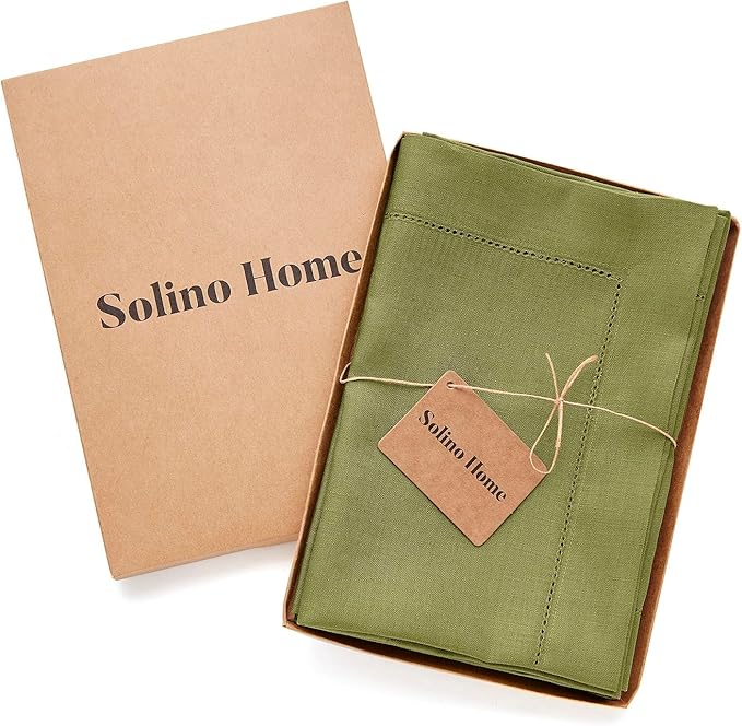 Solino Home Linen Napkins Set of 4 - Classic Hemstitch 100% Pure Linen Avocado Green Dinner Napkins Cloth 20 x 20 Inch for Spring, Summer - Handcrafted and Machine Washable