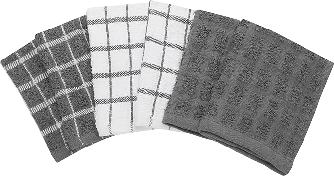 Ritz Terry Check Dish Cloth Set: Highly Absorbent & Super Soft - 100% Cotton, Durable Kitchen Cleaning Cloths for Wiping Tables and Counters, 6-Pack, Gray