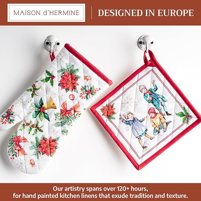 Maison d' Hermine 100% Cotton Oven Mitt & Pot Holder Set (7.5"x13" & 8"x8") Heat Resistant BBQ Cooking Gloves with Loop for Thanksgiving Christmas Decorations Handling Hot Pans (Chromo)