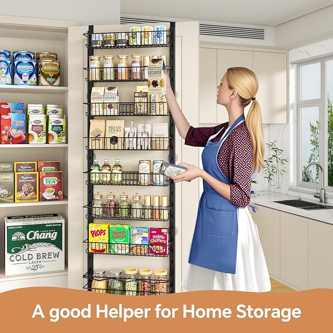 MIAOLI Over the Door Pantry Organizer, 10-Tier Adjustable Spice Rack Cabinet Door Shelves, Hanging Seasoning Organizer for Kitchen Bathroom, Laundry Room Organization, Black