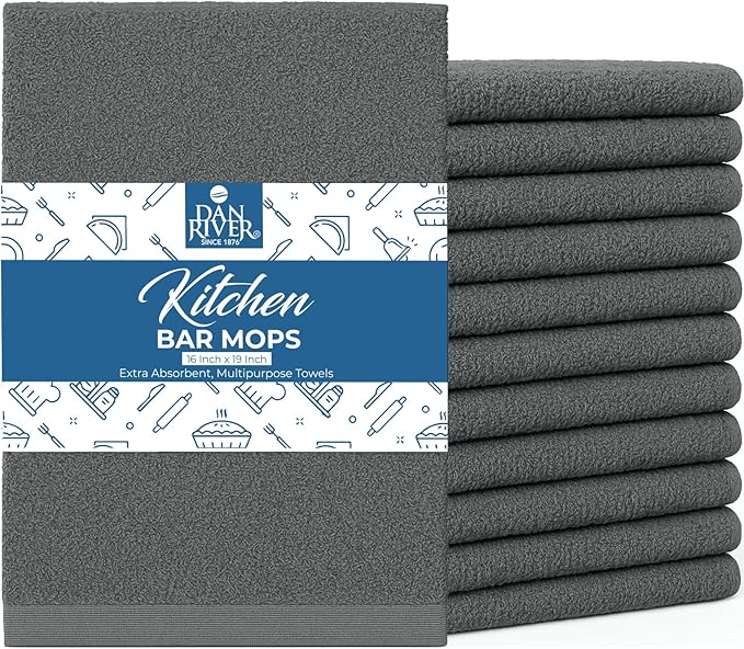 DAN RIVER Kitchen Bar Mops,Pack of 12,16 by 19 Inches,100% Cotton Super Absorbent,Multi-Purpose Cleaning Towels for Home and Kitchen Bars-Grey