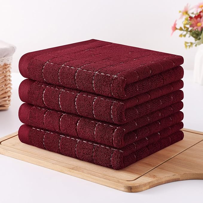Homaxy 100% Cotton Terry Kitchen Towels(Burgundy Red, 13 x 28 inches), Checkered Designed, Soft and Super Absorbent Dish Towels, 6 Pack
