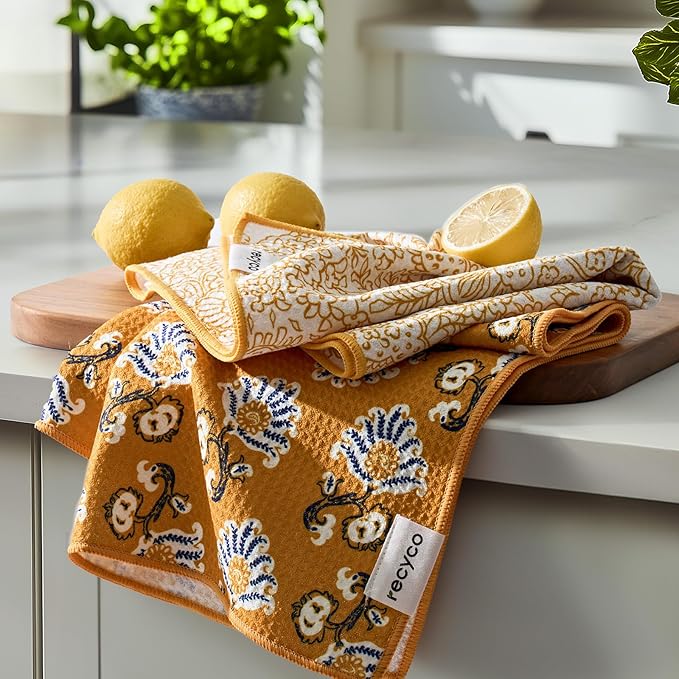 RECYCO Waffle Kitchen Towel Set of 2 - Quick Dry Microfiber Sustainable Dish Towels - Ultra Absorbent Reusable Cleaning Tea Towels - Lightweight Hand Towels,16”x 28”, Marigold Mosaic