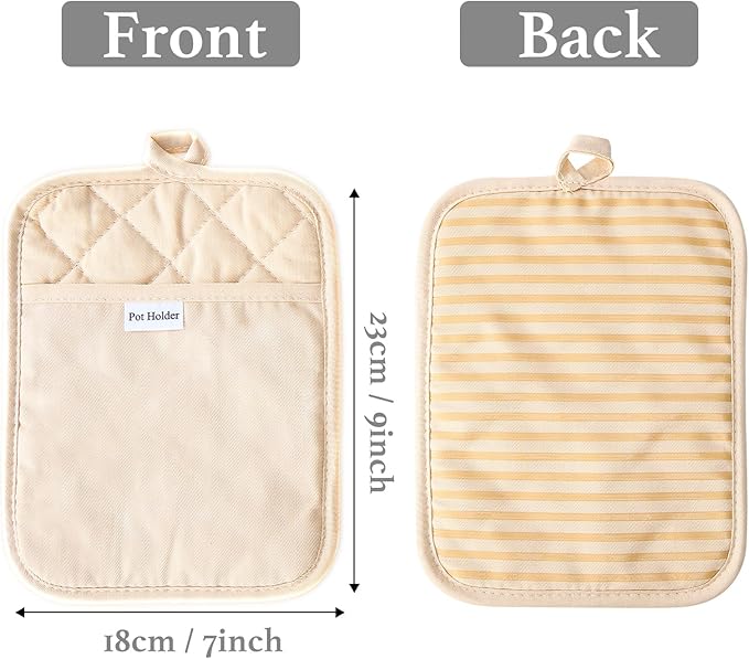 Kitchen Everyday Basic Pot Holder Heat Resistant Coaster Soft Silicone Water Resistant Pot Holder Set Oven Mitts with Pocket, 2 Piece Set, 7"x9" Beige