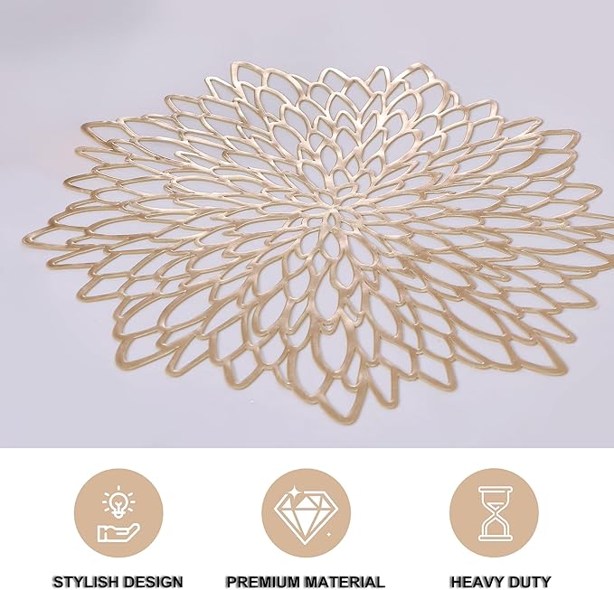 Snowkingdom 4 Pack Gold Placemats Metallic Pressed Vinyl Golden for Dinning Table Place Mats Round Floral Charger Decoration for Christmas Thanksgiving Holiday Wedding