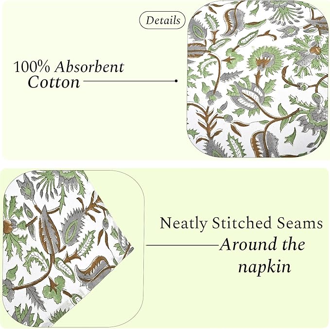 CPC Cloth Napkins Set of 4 Cotton Printed Dinner Hand Print Napkins I Wedding Cocktail Cloth Floral Napkins I 18x18 in I Mint Leaf