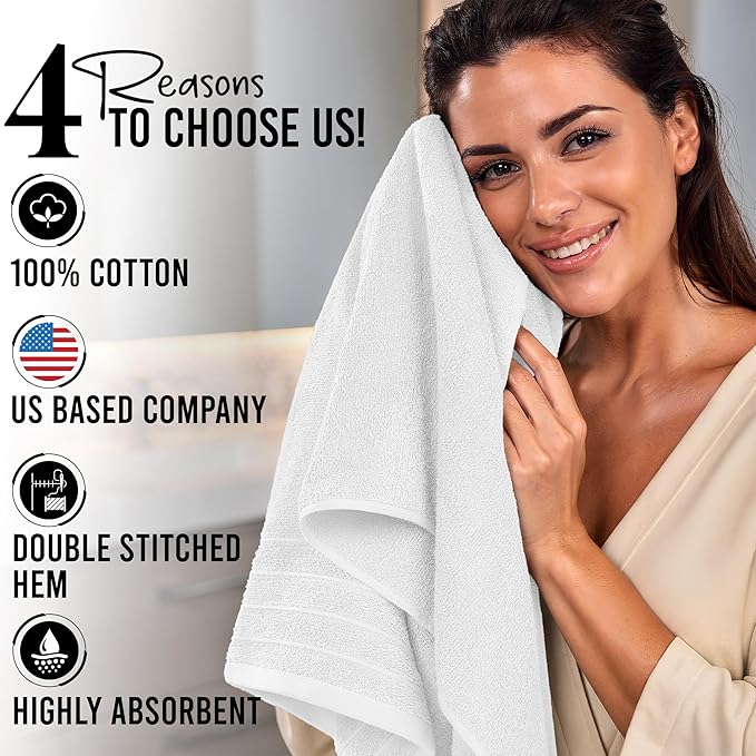 RIVERSIDE Pack of 4 Premium Extra Large White Bath Towels 30 x 60 Inches, 100% Cotton, Super Soft & Highly Absorbent, Larger & Lighter Weight, Quicker to Dry, Perfect for Bathroom
