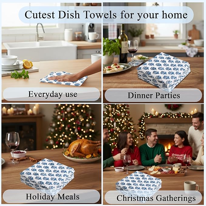 CPC Apatite Blue Hand Block Printed Cotton Waffle Dish Cloth Set of 6-12x12 Inch Super Absorbent, Soft, Reusable Kitchen Towels for Dish Drying & Cleaning Ideal for Spring, Mother's Day