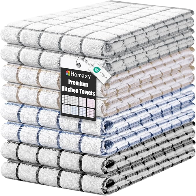Homaxy Premium Kitchen Towels(16”x 28”, 8 Pack), Large Ring Spun Cotton Dish Towels, Super Absorbent Soft Terry Kitchen Hand Towels, Navy Blue/Grey/Tan/Black