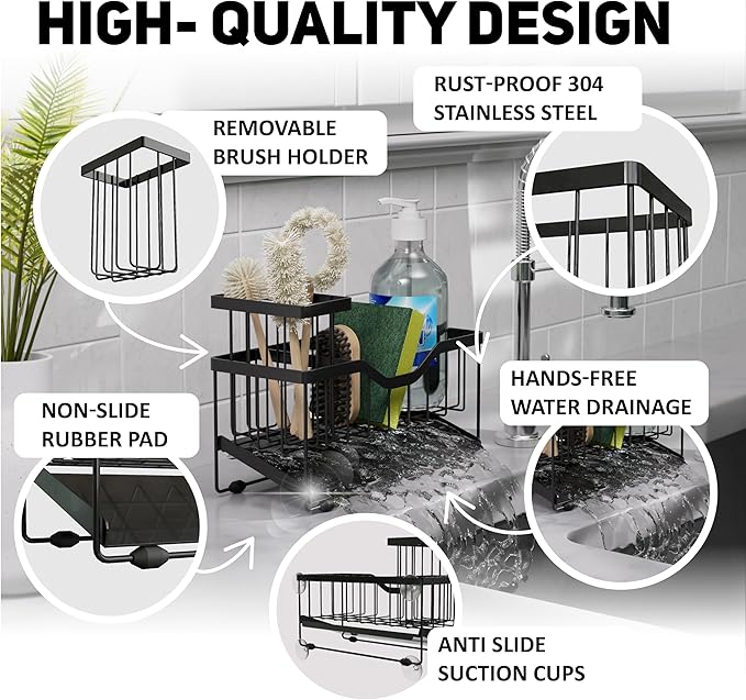 Small Kitchen Sink Caddy Organizer and sponge holder with Suction Cups for Sponge, Brush, Soap Dispenser. Stainless Steel, Minimalist Black, for Sink or Countertop
