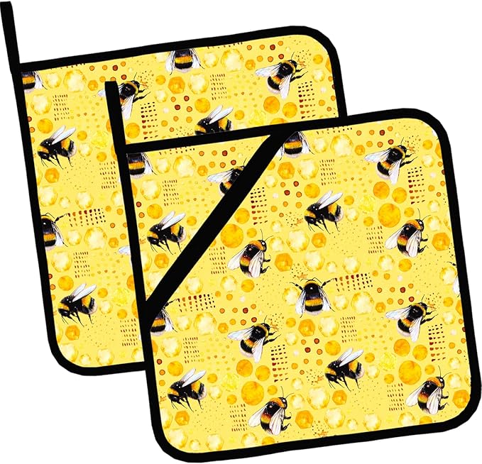 Cute Honey Bee Pot Holders Set of 2,Kitchen Heat Resistant Potholder for Microwave Cooking Baking Oven and BBQ