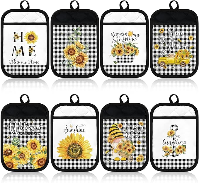 8 Pcs Sunflower Pot Holders with Pocket Buffalo Plaid Potholder Farmhouse Kitchen Heat Resistant Potholders Sunflower Hot Pad Oven Mitt Cookie Bag Oven Glove for Kitchen Decoration Baking Cooking Gift