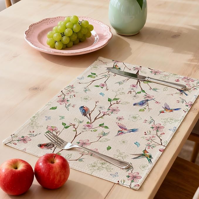 Spring Placemats Set of 4 12x18 inch for Dinning Table - Floral Bird Branch Spring Decor for Party, Dinner - Farmhouse Seaosonal Table Mats Floral Decroations for Home