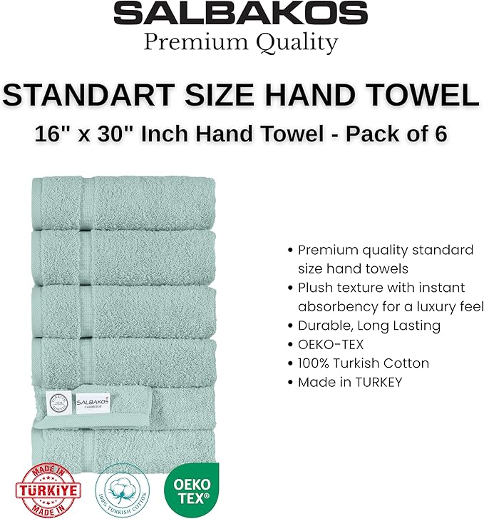 SALBAKOS 100% Turkish Cotton Hand Towel Set of 6 16x30 inch | Premium Quality | Hotel & Spa Collection | Soft, Absorbent, Long Lasting Hand Towels | Made in Turkey (Seafoam Green, 6 Hand Towels)
